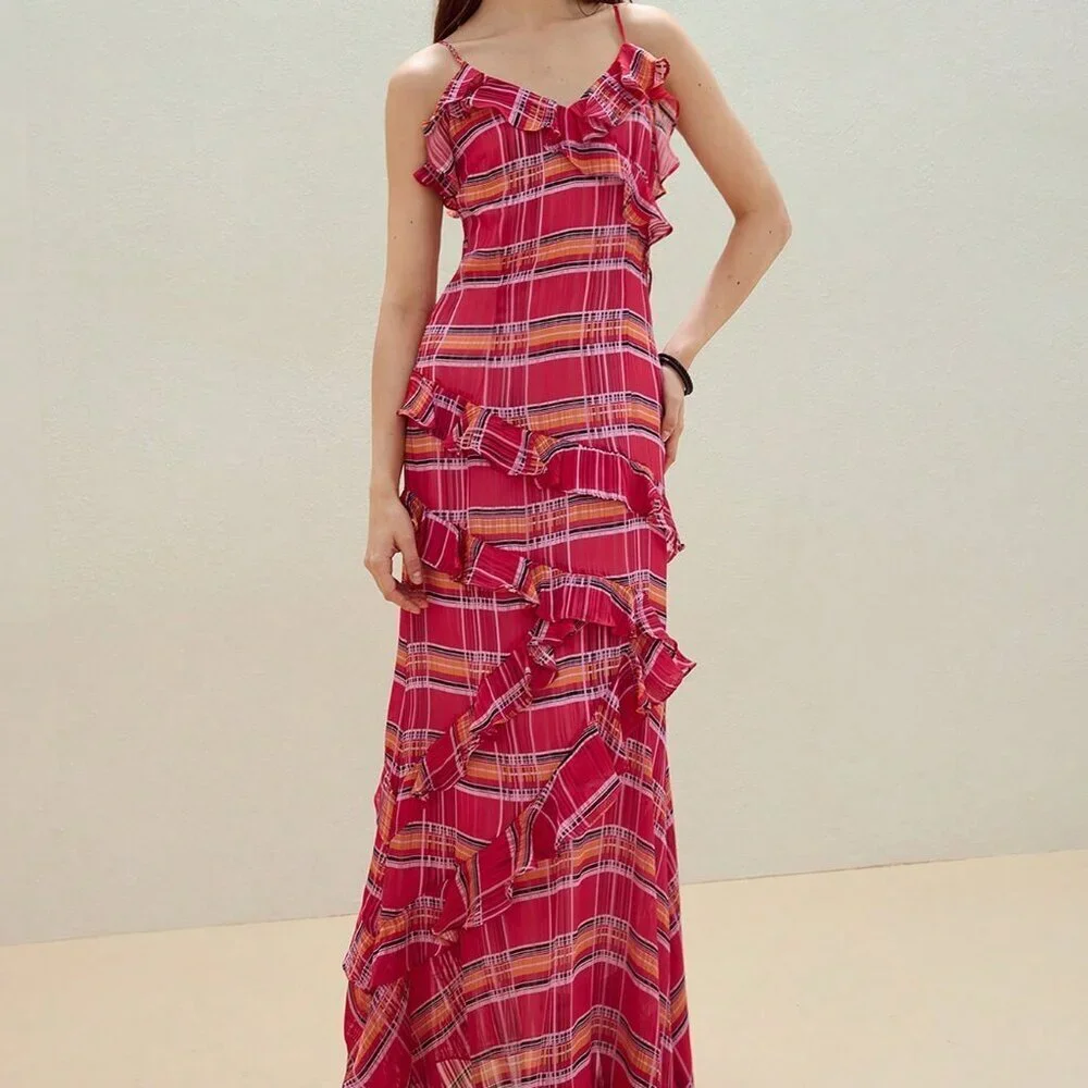 Red Boho Women's Plaid Ruffle Trim Cami Dress - Picture 6 of 7